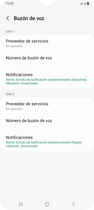 Pulsa Número de buzón de voz bajo la tarjeta SIM deseada.