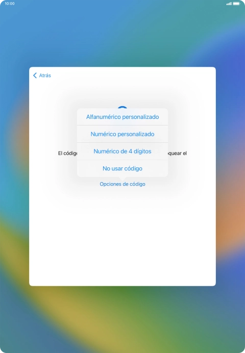 Sigue las indicaciones de la pantalla para activar el uso del código de seguridad o pulsa No usar código.