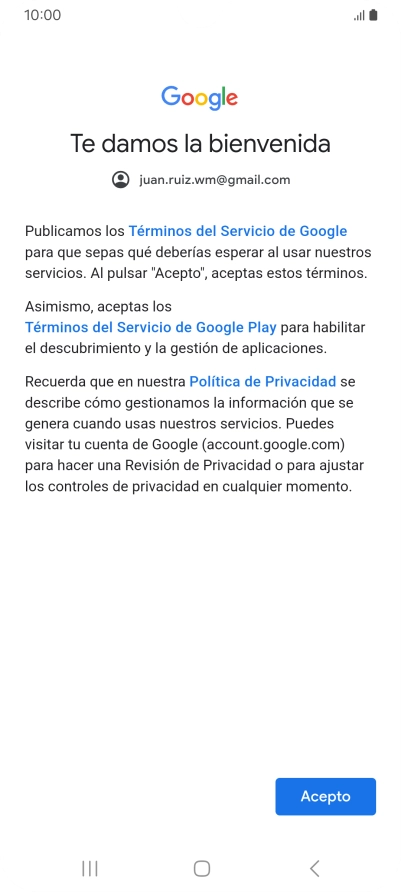 Pulsa Acepto y sigue las indicaciones de la pantalla para seleccionar los ajustes de tu cuenta de Google.
