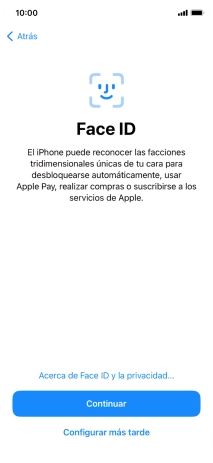 Sigue las indicaciones de la pantalla para activar el uso del reconocimiento facial (Face ID) o pulsa Configurar más tarde.
