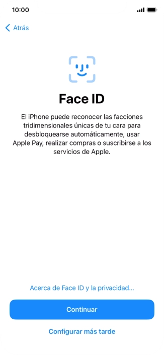 Sigue las indicaciones de la pantalla para activar el uso del reconocimiento facial (Face ID) o pulsa Configurar más tarde.