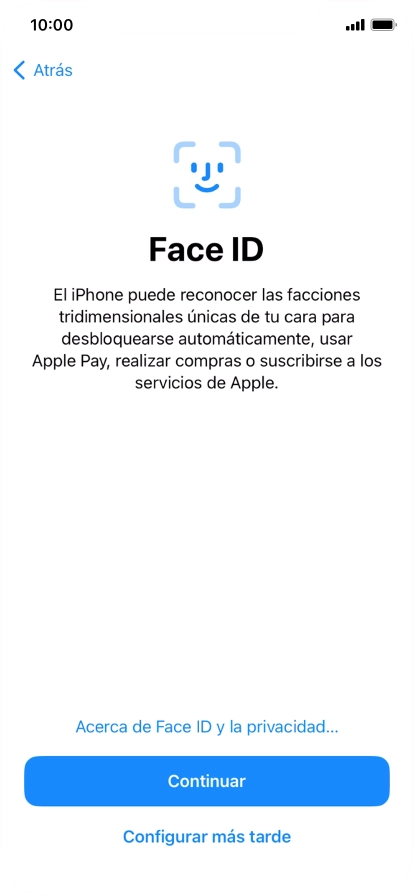 Sigue las indicaciones de la pantalla para activar el uso del reconocimiento facial (Face ID) o pulsa Configurar más tarde.