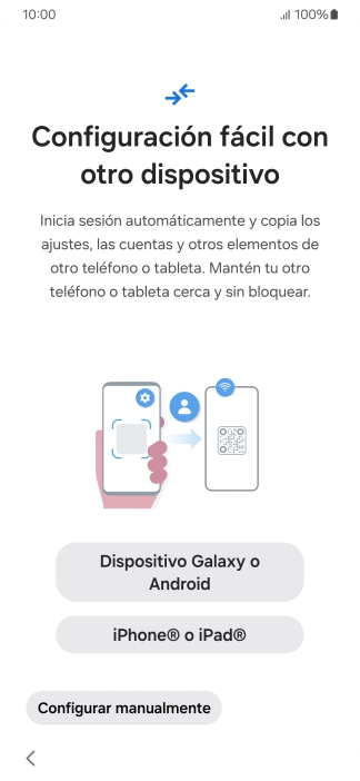 Pulsa la opción deseada para transferir contenido desde otro dispositivo y pulsa Configurar manualmente.