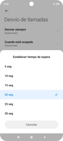 Si desvías las llamadas perdidas, tendrás que seleccionar un retardo para el desvío. Pulsa el retardo deseado y sigue las indicaciones de la pantalla para seleccionar el retardo deseado del desvío.
