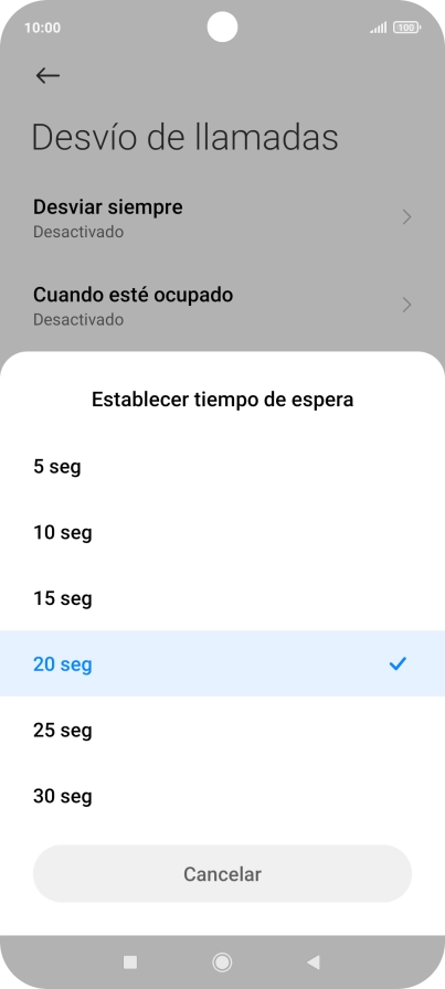 Si desvías las llamadas perdidas, tendrás que seleccionar un retardo para el desvío. Pulsa el retardo deseado y sigue las indicaciones de la pantalla para seleccionar el retardo deseado del desvío.