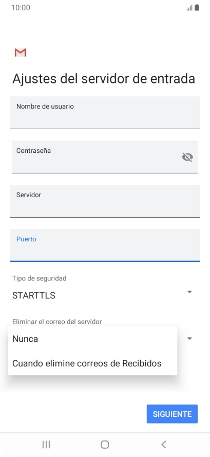 Pulsa Nunca para conservar los correos electrónicos en el servidor cuando los borras del teléfono.