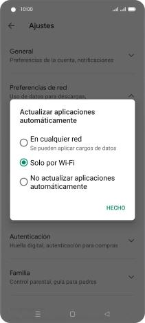 Para activar la actualización automática de apps utilizando la red móvil, pulsa En cualquier red.