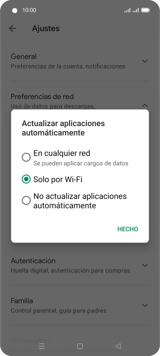 Para activar la actualización automática de apps utilizando la red móvil, pulsa En cualquier red.