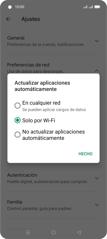 Para activar la actualización automática de apps utilizando la red móvil, pulsa En cualquier red.