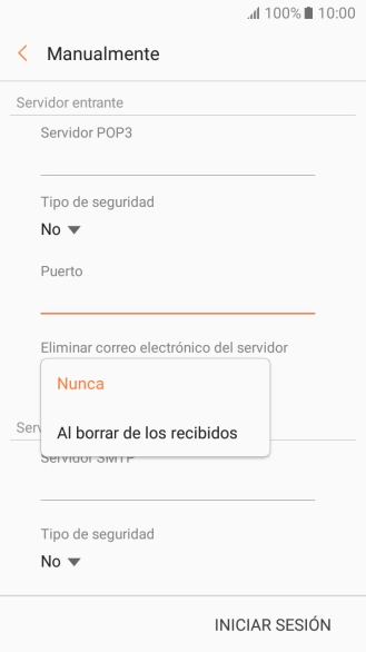 Pulsa Nunca para conservar los correos electrónicos en el servidor cuando los borras del teléfono.