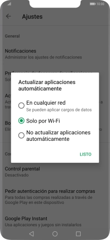 Para activar la actualización automática de apps utilizando la red móvil, pulsa En cualquer red. Se pueden aplicar cargos de datos.