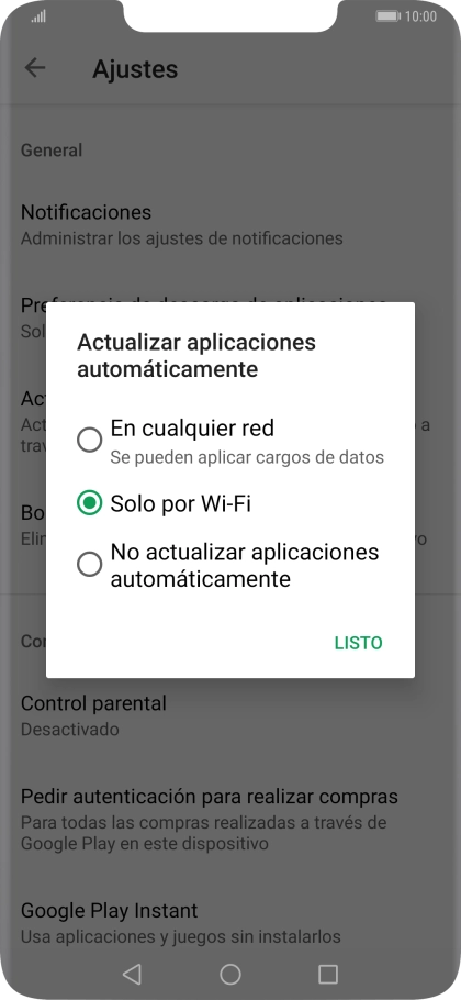 Para activar la actualización automática de apps utilizando la red móvil, pulsa En cualquer red. Se pueden aplicar cargos de datos.