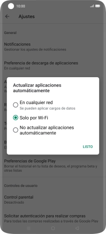 Para activar la actualización automática de apps utilizando la red móvil, pulsa En cualquier red.