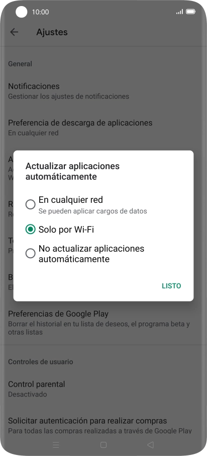 Para activar la actualización automática de apps utilizando la red móvil, pulsa En cualquier red.