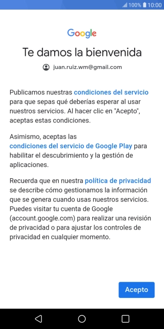 Pulsa Acepto y sigue las indicaciones de la pantalla para seleccionar los ajustes de tu cuenta de Google.