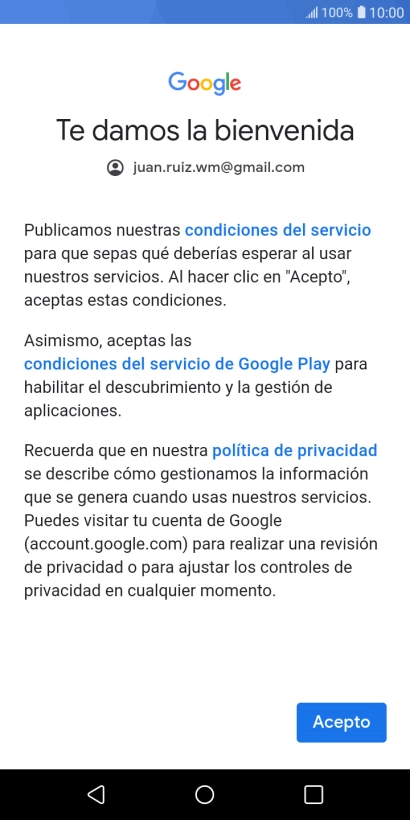 Pulsa Acepto y sigue las indicaciones de la pantalla para seleccionar los ajustes de tu cuenta de Google.