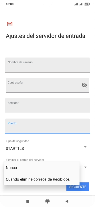 Pulsa Nunca para conservar los correos electrónicos en el servidor cuando los borras del teléfono.