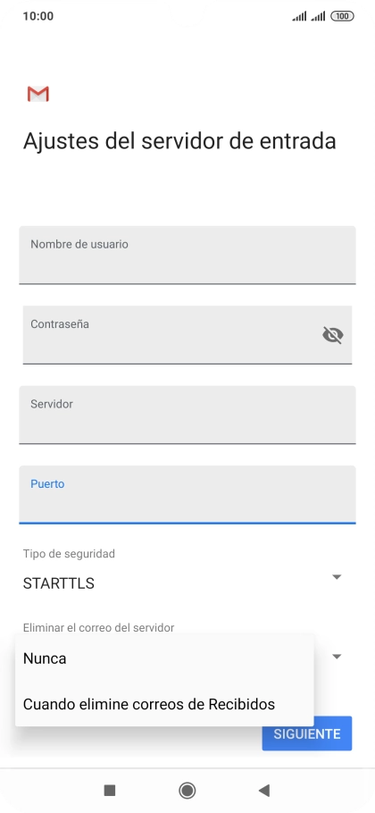 Pulsa Nunca para conservar los correos electrónicos en el servidor cuando los borras del teléfono.