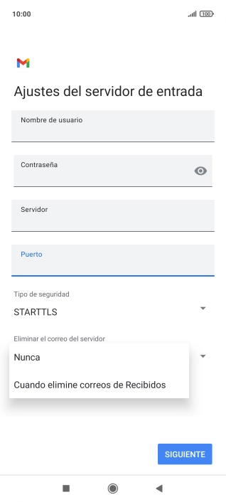 Pulsa Nunca para conservar los correos electrónicos en el servidor cuando los borras del teléfono.