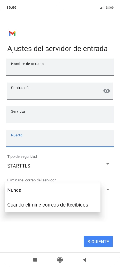 Pulsa Nunca para conservar los correos electrónicos en el servidor cuando los borras del teléfono.