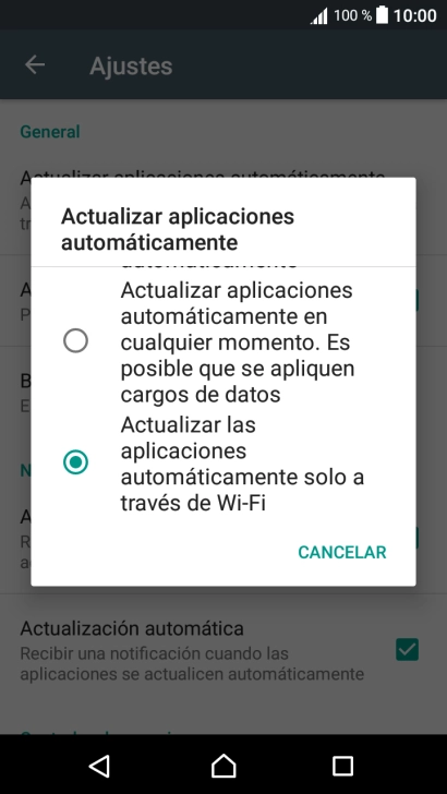 Pulsa Actualizar las aplicaciones automáticamente solo a través de Wi-Fi para activar la función.