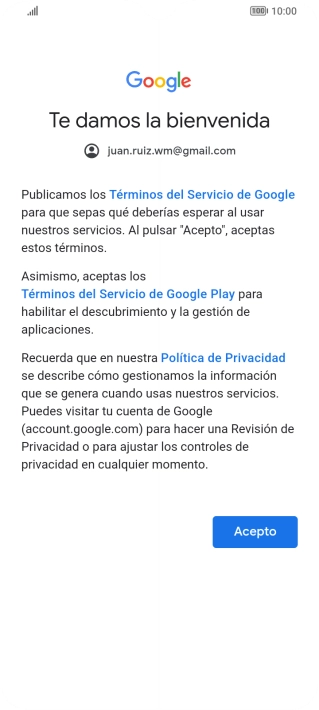Pulsa Acepto y sigue las indicaciones de la pantalla para seleccionar los ajustes de tu cuenta de Google.
