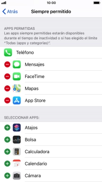 Pulsa el icono de eliminar junto a la app deseada para borrarla de la lista de apps permitidas bajo el tiempo de inactividad de pantalla.