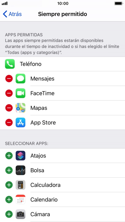 Pulsa el icono de eliminar junto a la app deseada para borrarla de la lista de apps permitidas bajo el tiempo de inactividad de pantalla.