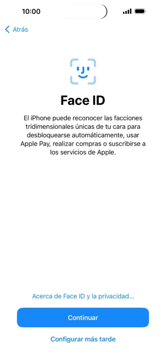 Sigue las indicaciones de la pantalla para activar el uso del reconocimiento facial (Face ID) o pulsa Configurar más tarde.