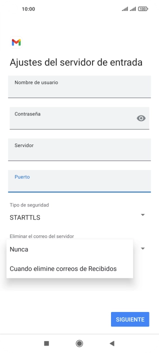 Pulsa Nunca para conservar los correos electrónicos en el servidor cuando los borras del teléfono.