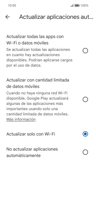 Para activar la actualización automática de apps utilizando la red móvil, pulsa Actualizar todas las apps con Wi-Fi o datos móviles.