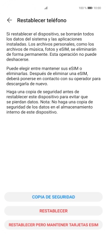Pulsa RESTABLECER. Espera unos instantes mientras el teléfono restablece la configuración predeterminada. Sigue las indicaciones de la pantalla para configurar el teléfono y dejarlo listo para su uso.