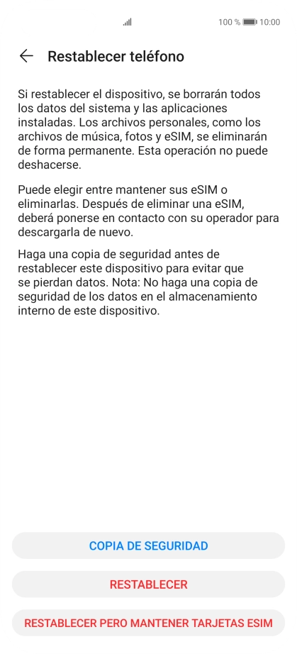 Pulsa RESTABLECER. Espera unos instantes mientras el teléfono restablece la configuración predeterminada. Sigue las indicaciones de la pantalla para configurar el teléfono y dejarlo listo para su uso.