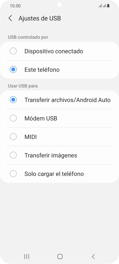 Pulsa Transferir archivos/Android Auto.