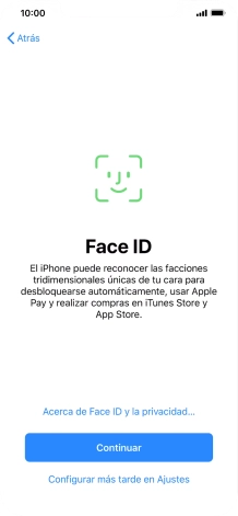 Sigue las indicaciones de la pantalla para activar el uso del reconocimiento facial (Face ID) o pulsa Configurar más tarde en Ajustes.