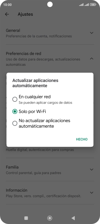Para activar la actualización automática de apps utilizando la red móvil, pulsa En cualquier red.