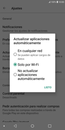 Para activar la actualización automática de apps utilizando la red móvil, pulsa En cualquier red.