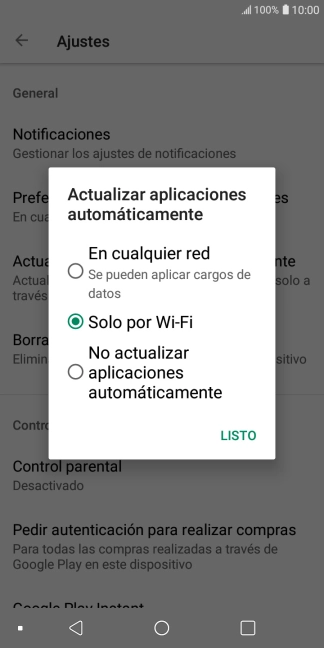 Para activar la actualización automática de apps utilizando la red móvil, pulsa En cualquier red.