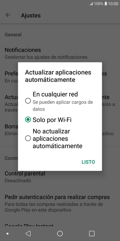 Para activar la actualización automática de apps utilizando la red móvil, pulsa En cualquier red.