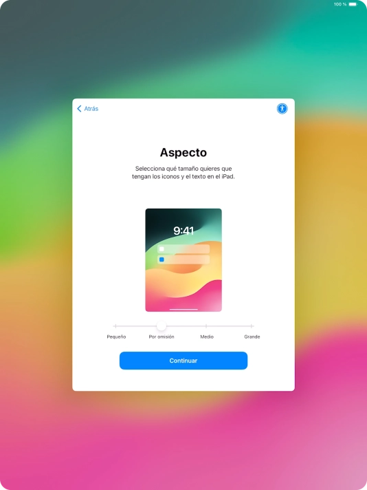 Selecciona el tamaño de letra y de los iconos que debe tener la tablet y pulsa Continuar.