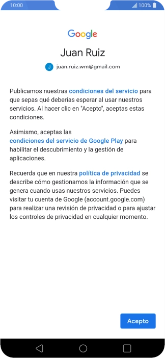 Pulsa Acepto y sigue las indicaciones de la pantalla para seleccionar los ajustes de tu cuenta de Google.