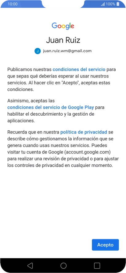 Pulsa Acepto y sigue las indicaciones de la pantalla para seleccionar los ajustes de tu cuenta de Google.