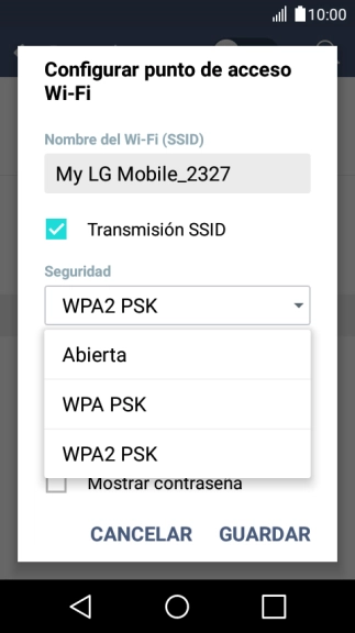 Pulsa WPA2 PSK para proteger la conexión wifi con una contraseña.