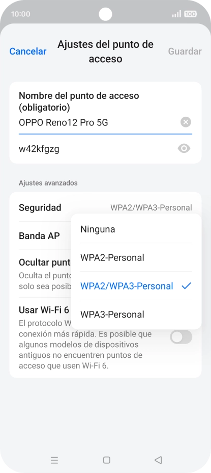 Pulsa WPA3-Personal para proteger la conexión wifi con una contraseña.