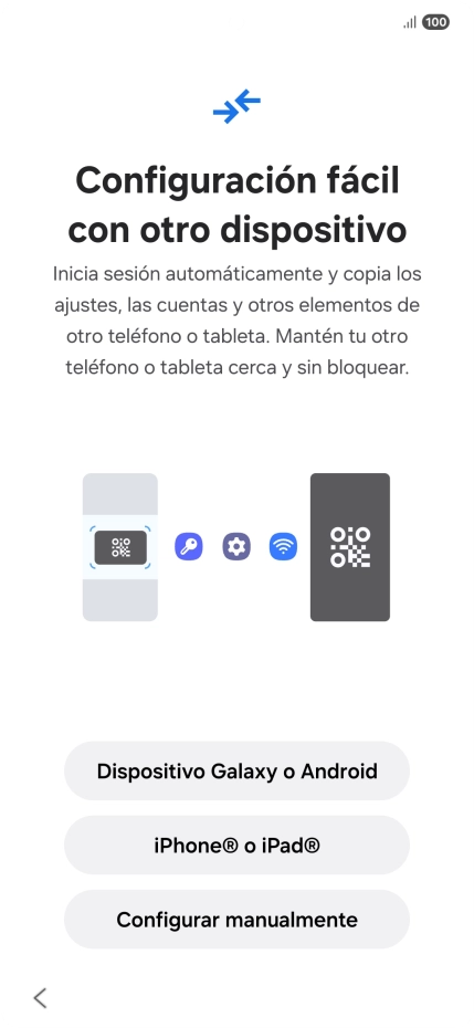 Pulsa la opción deseada para transferir contenido desde otro dispositivo y pulsa Configurar manualmente.