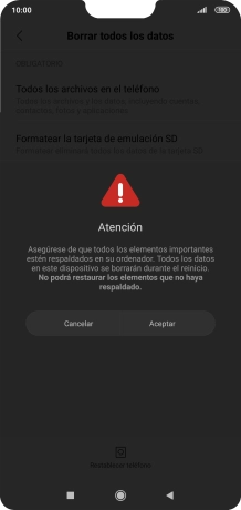 Pulsa Aceptar. Espera unos instantes mientras el teléfono restablece la configuración predeterminada. Sigue las indicaciones de la pantalla para configurar el teléfono y dejarlo listo para su uso.