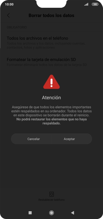 Pulsa Aceptar. Espera unos instantes mientras el teléfono restablece la configuración predeterminada. Sigue las indicaciones de la pantalla para configurar el teléfono y dejarlo listo para su uso.