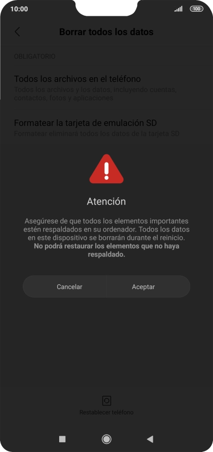 Pulsa Aceptar. Espera unos instantes mientras el teléfono restablece la configuración predeterminada. Sigue las indicaciones de la pantalla para configurar el teléfono y dejarlo listo para su uso.