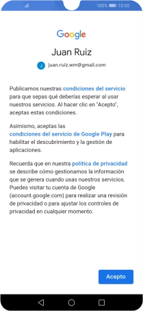 Pulsa Acepto y sigue las indicaciones de la pantalla para seleccionar los ajustes de tu cuenta de Google.