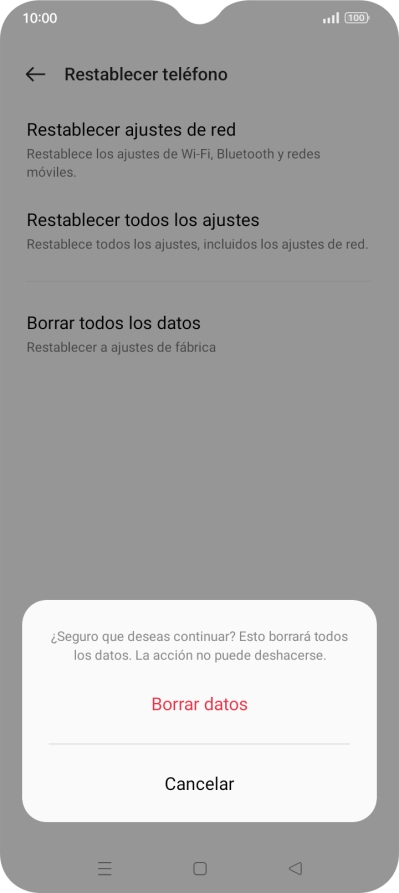 Pulsa Borrar datos. Espera unos instantes mientras el teléfono restablece la configuración predeterminada. Sigue las indicaciones de la pantalla para configurar el teléfono y dejarlo listo para su uso.